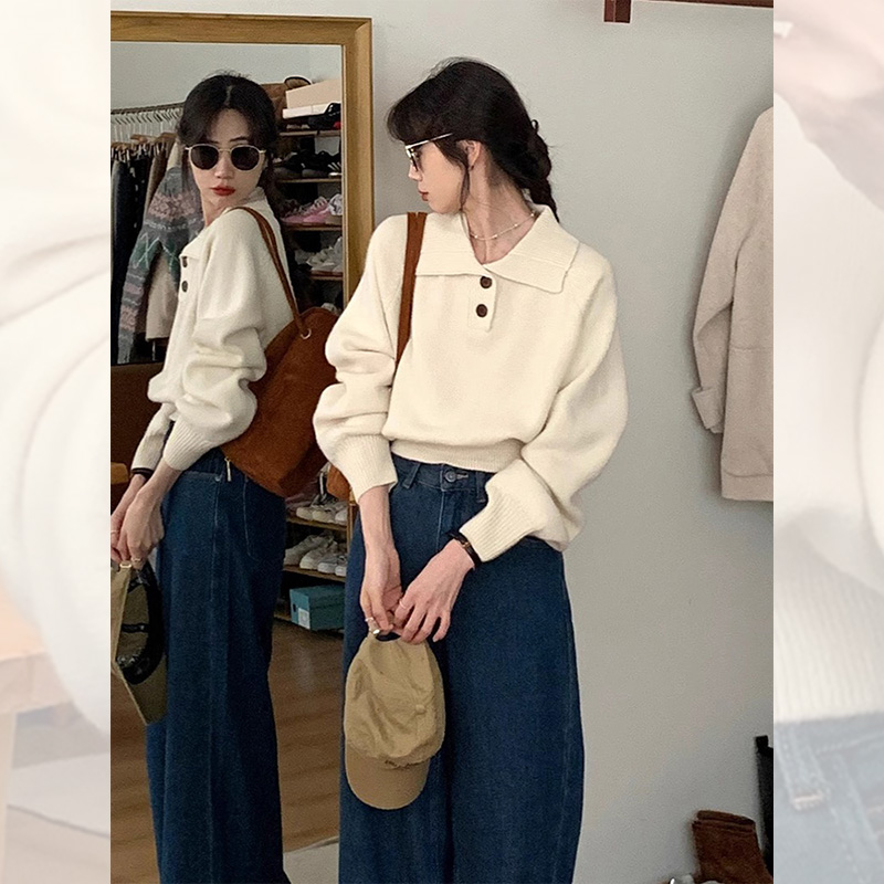 フレンチアプリコットポロセーターラペルトップ、レディース秋冬ショートスタイルボトムシャツ、レイジースタイルニットセーター