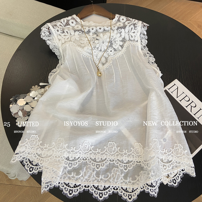 White Hollow-Out Lace Patchwork Sleeveless Shirt for Women, 2026 Summer New Style, Sweet and Youthful, Slimming Round-Neck Babydoll Shirt