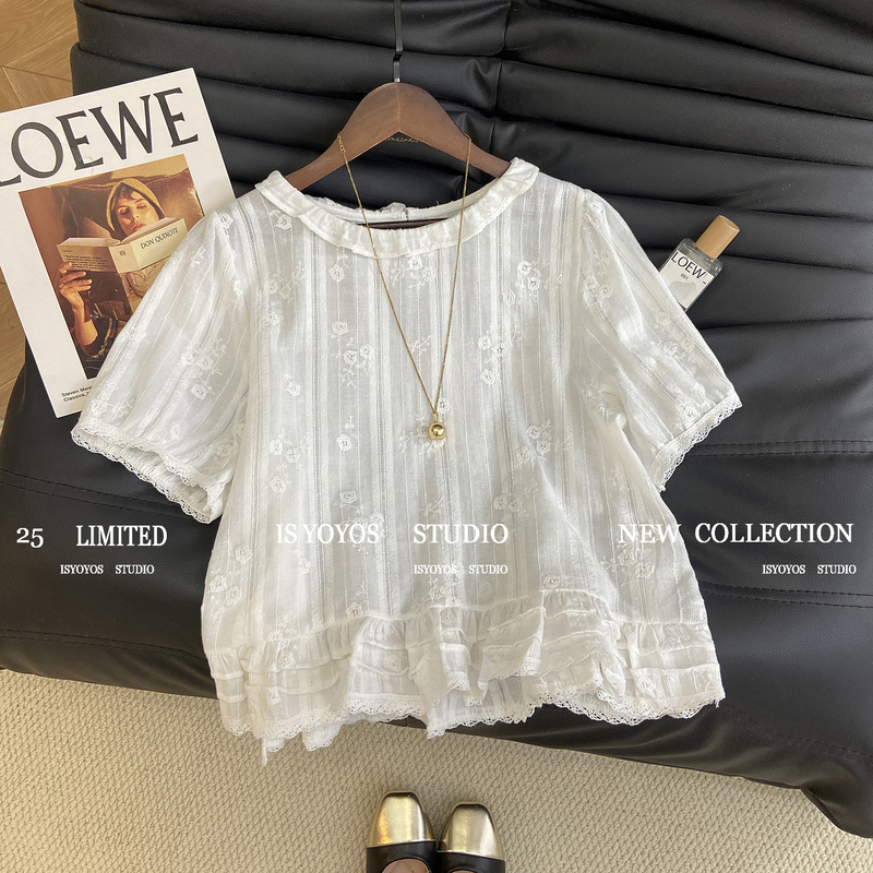 White Embroidered Ruffled Short-Sleeve Lace Blouse for Women, Summer 2026 New Korean Style Sweet Petite Doll Shirt