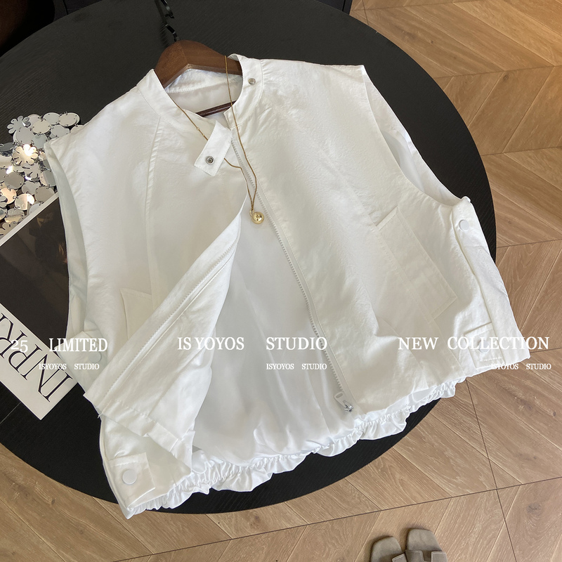 White Round-Neck Zippered Work Vest for Women, Spring/Summer 2026 New Korean Style Loose Casual Layered Vest Jacket Trendy