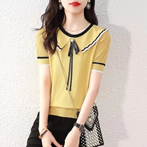 A D Hepburn -- E this years pop new ~ doll collar butterfly knot short sleeve t-shirt female summer new blouses