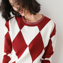 Taste the same attraction 2021 Fall new round neckline rhomboid long sleeves Knitted Sweatshirt Loose inside the suit