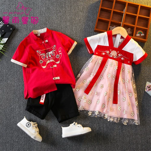 Ханьфу для мальчиков, тонкая летняя одежда, летний детский костюм, юбка, китайский стиль, из хлопка и льна, короткий рукав