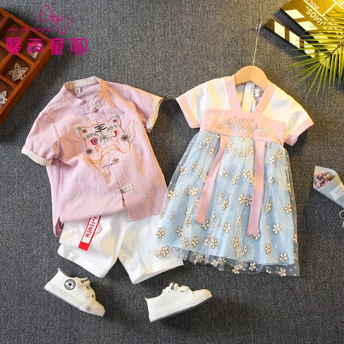 Ханьфу для мальчиков, тонкая летняя одежда, летний детский костюм, юбка, китайский стиль, из хлопка и льна, короткий рукав