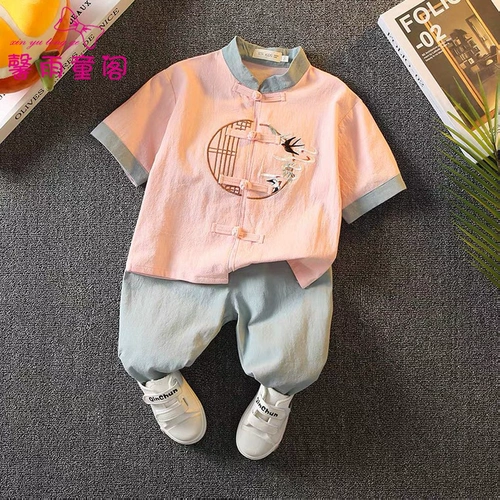 Детское ханьфу, костюм мальчика цветочника, летняя одежда, детский комплект, из хлопка и льна, китайский стиль