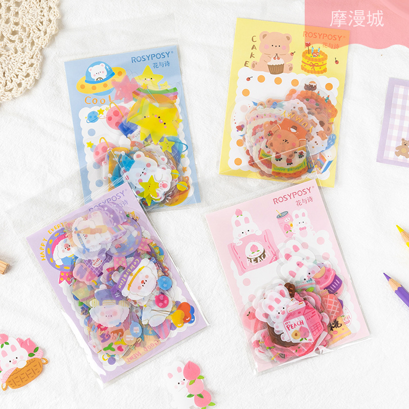Rosy Posy Sweet Cub Series PET Handbill Stickers Bag Cute Little Bear Small Rabbit Cartoon Animal Hand Ledger