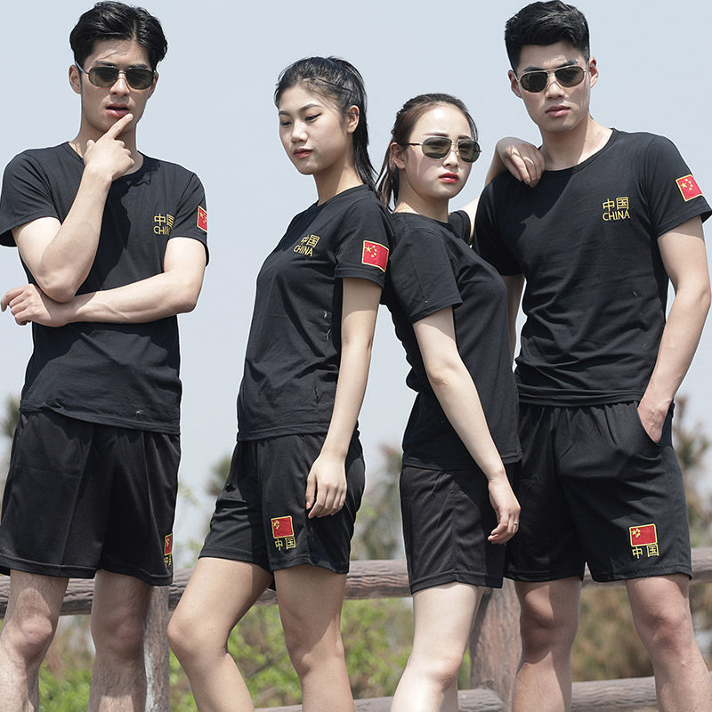 Outdoor fitness training suit summer special forces fitness suit male army fan quick dry short sleeves shorts black T-shirt women