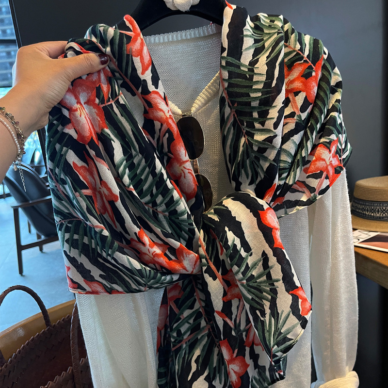 Tropical Leaf Floral Scarf with Beaded Tassels, Summer Beach Towel, Sun Protection Shawl, Travel Scarf