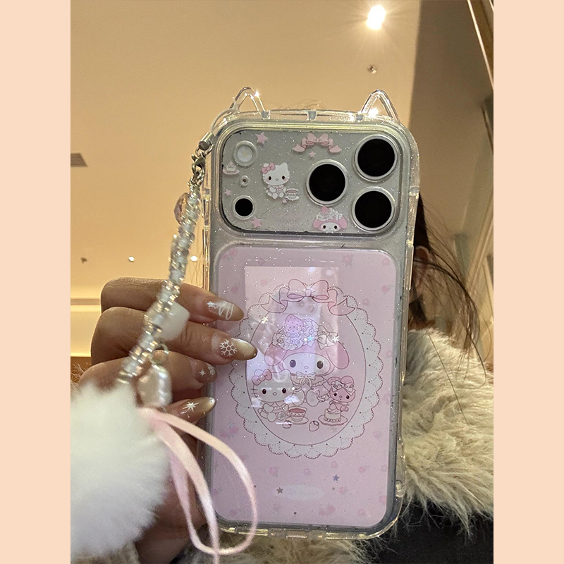 Casery Super Cute Afternoon Tea Cat Ear Kt Melody Compatible with Apple 17 Pro Max New Model iPhone 16 Phone Case 15 Pro Shockproof Protective Cover 14 with Pendant 17 Pro Cartoon