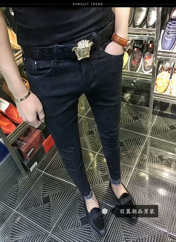 2018 mới thu đông nam quần jeans đen nam chân thon phiên bản Hàn Quốc của xu hướng cộng với quần nhung dày nam