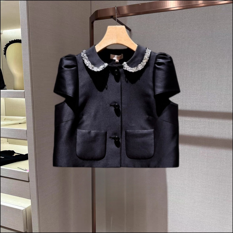 2026 Summer New Style Elegant Doll Collar Short Jacket with Sequin Trim and Puff Sleeves Xsj3S15D