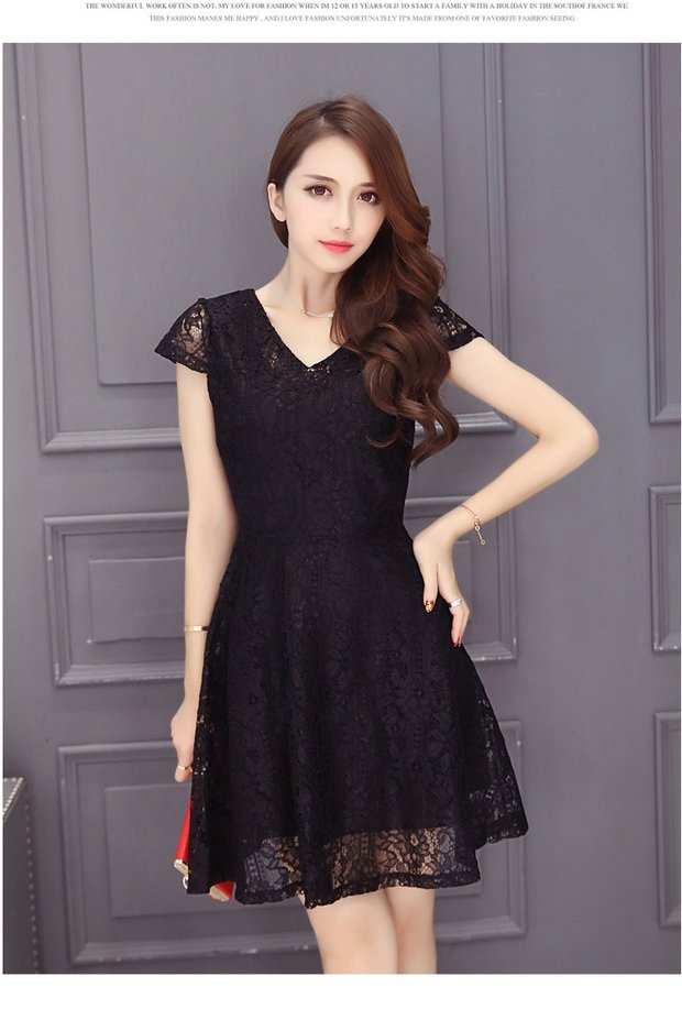 Mùa hè Hàn Quốc khí chất V-cổ cao eo ren váy Slim Một từ váy của phụ nữ béo không khí dài váy xòe ngắn liền thân