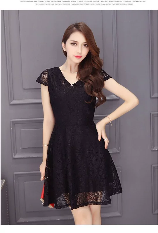 Mùa hè Hàn Quốc khí chất V-cổ cao eo ren váy Slim Một từ váy của phụ nữ béo không khí dài