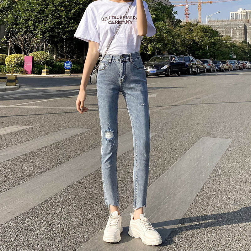 High waist dash Hole Jeans Women's Spring Autumn Season 2022 New Body Slim Fit Slim Fit 100 Hitch Slim Fit Pencil Pants