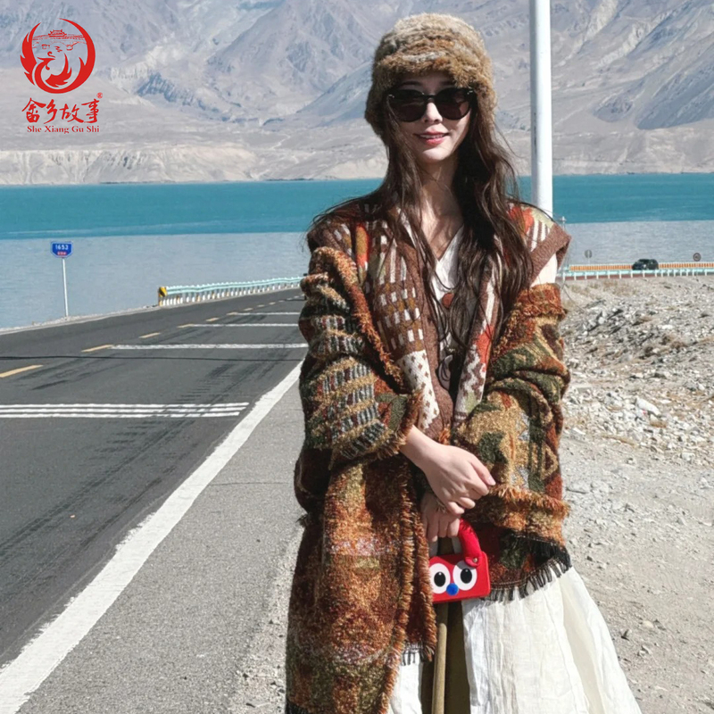 Bohemian Ethnic Style Shawl for Women, Suitable for Autumn and Winter, Xinjiang and Yunnan Travel Photography, Thickened and Warm Cape