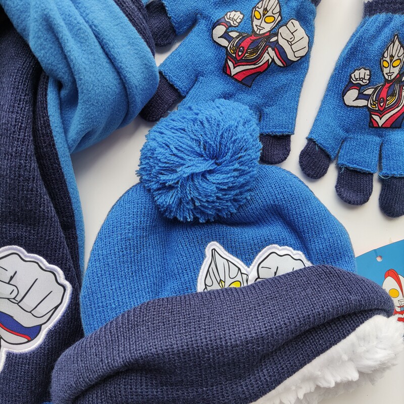 Ultra, детская шапка для мальчиков, зимний утепленный Ультрамен Тига, трикотажный шерстяной удерживающий тепло шарф, перчатки, комплект, 3 предмета OTHER / Other 