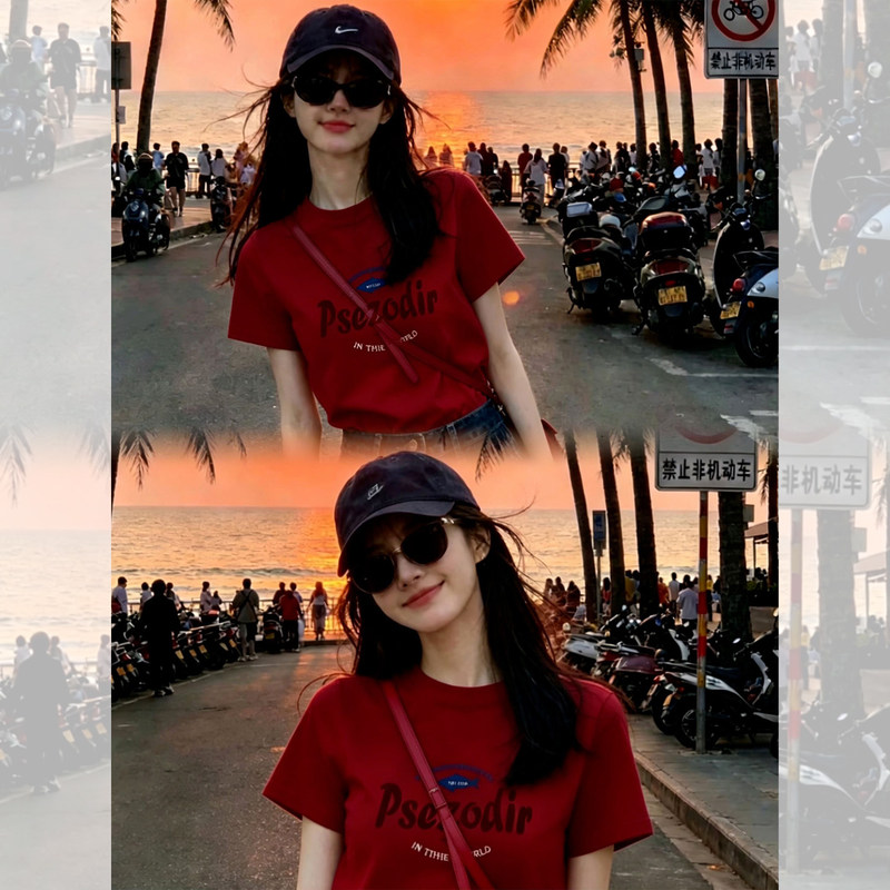 American Retro Red Short-Sleeved T-Shirt for Women, Summer 2026 New Style, Stunning Top for Outings, Bright Dopamine Outfit American Retro Red Short-Sleeved T-Shirt for Women, Summer 2026 New Style, Stunning Top for Outings, Bright Dopamine Outfit