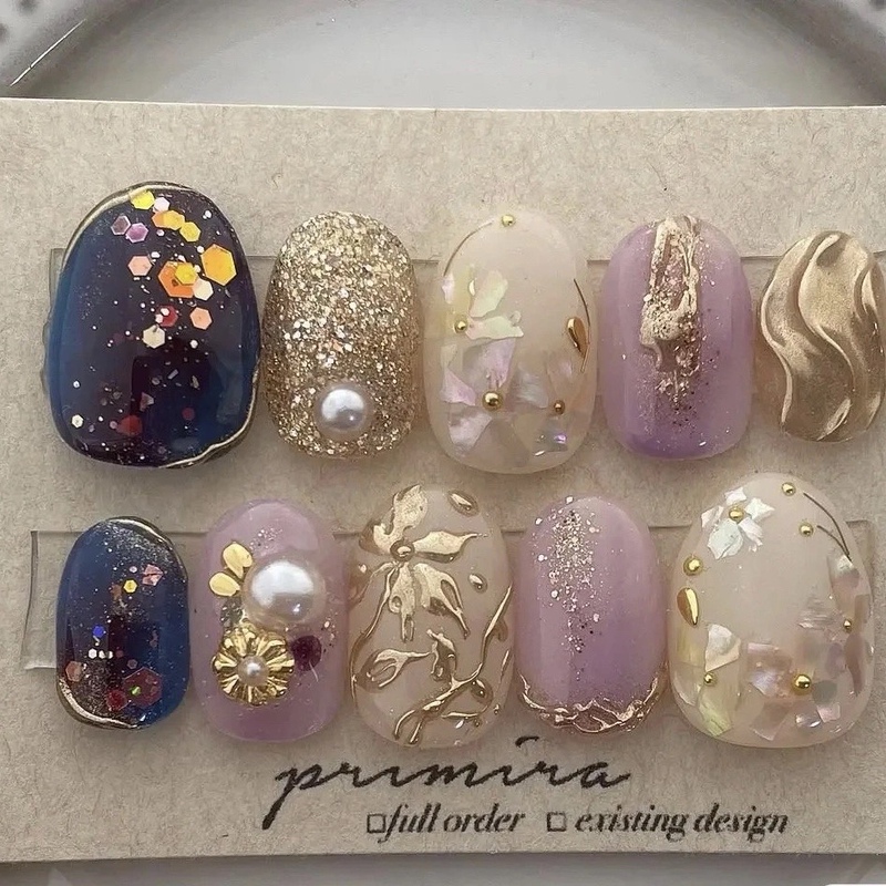 Light Luxury Round Versatile Oval Japanese Retro Gradient Blue Multicolored Shell Flower Vintage Luxury