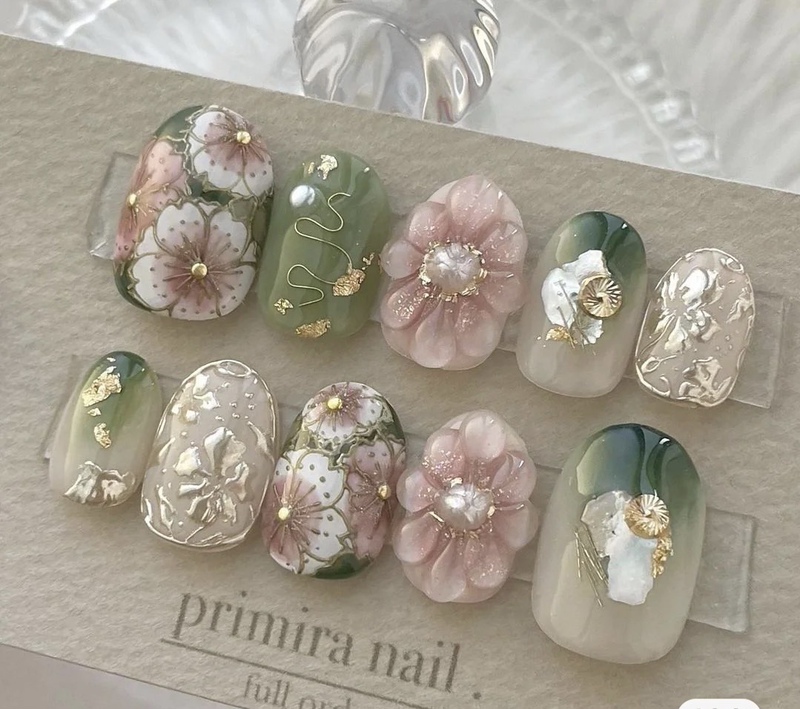 Handmade Manicure, Wearable Nails, High-End, Heavy-Duty, Japanese Style, Sweet Floral, Japanese-Style Wearable Nails, Luxurious Gold Foil Handmade Manicure, Wearable Nails, High-End, Heavy-Duty, Japanese Style, Sweet Floral, Japanese-Style Wearable Nails, Luxurious Gold Foil