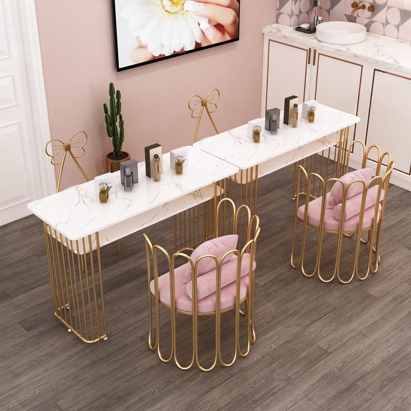 Nordic coffee table ins style marble double manicure table and chair set net red manicure table iron metal double-layer table