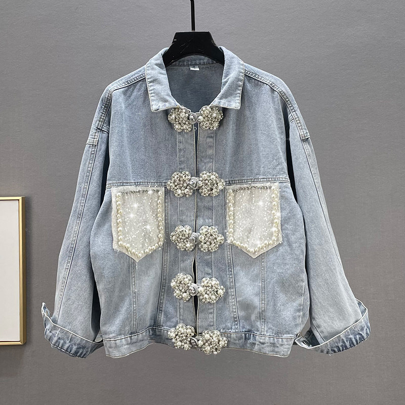 European goods beaded denim jacket women's 2021 autumn new loose and thin diamondstudded