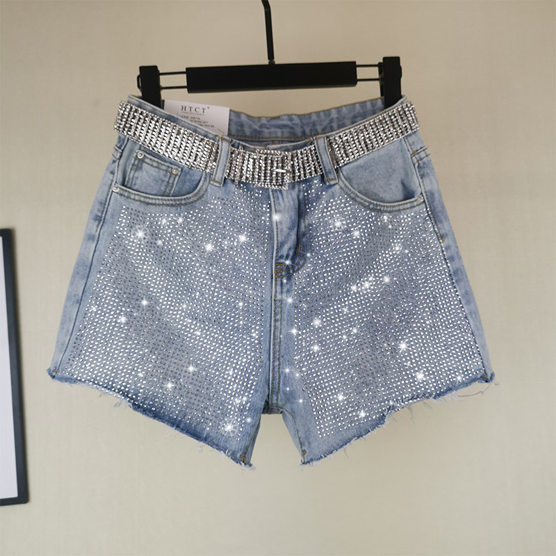 Europe station 2019 summer new A-word wide leg hot pants thin heavy industry full diamond burrs high-waisted denim shorts for women