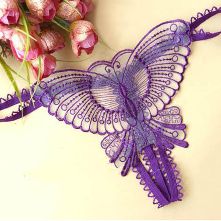 Plus Size Cute Sexy Purple Butterfly Style Women's Thong T-Pants C-String See-Through Stockings Underwear