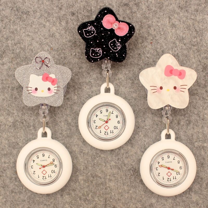 Glitter Five-Pointed Star Hello Kitty Cat Doctor Nurse Retractable Pocket Watch Clip Watch Medical Student Chest Clip Watch