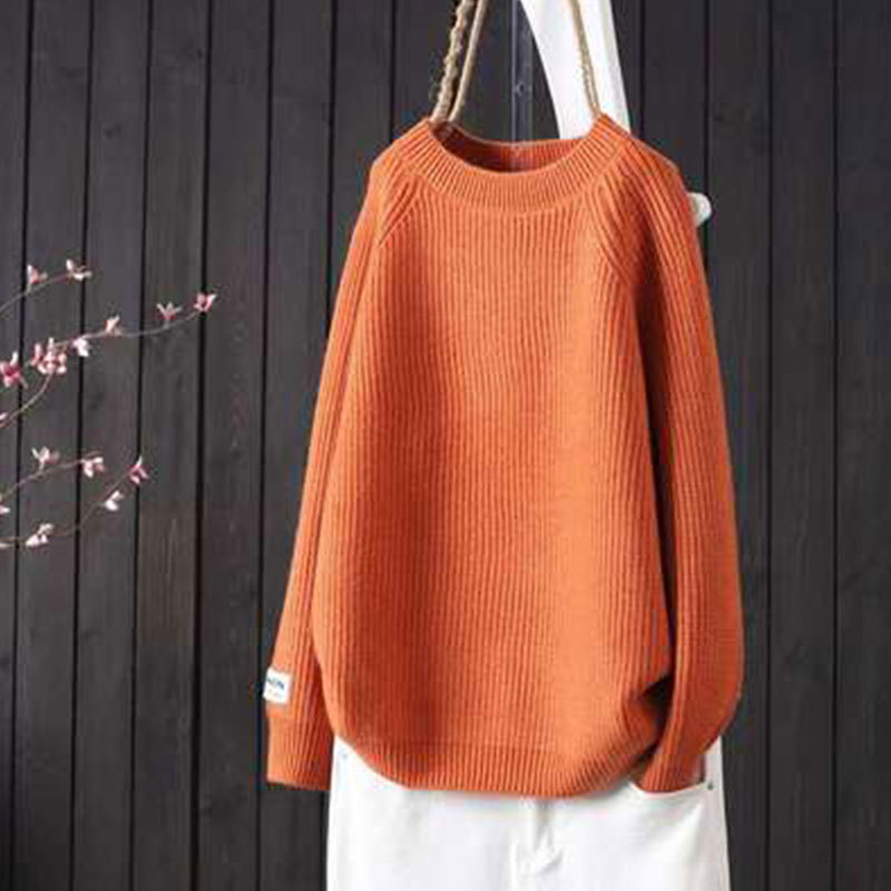 2026 Autumn/Winter New Round Neck Solid Color Simple Line Artistic Loose Knit Pullover Women's Long Sleeve Sweater