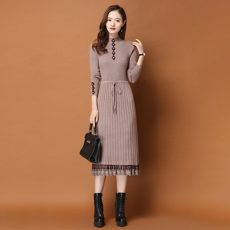 Knitted Ocean Dress Woman 2022 Autumn Winter New fit The mid-length version plus velvet thickened with kneecap sweater underdress