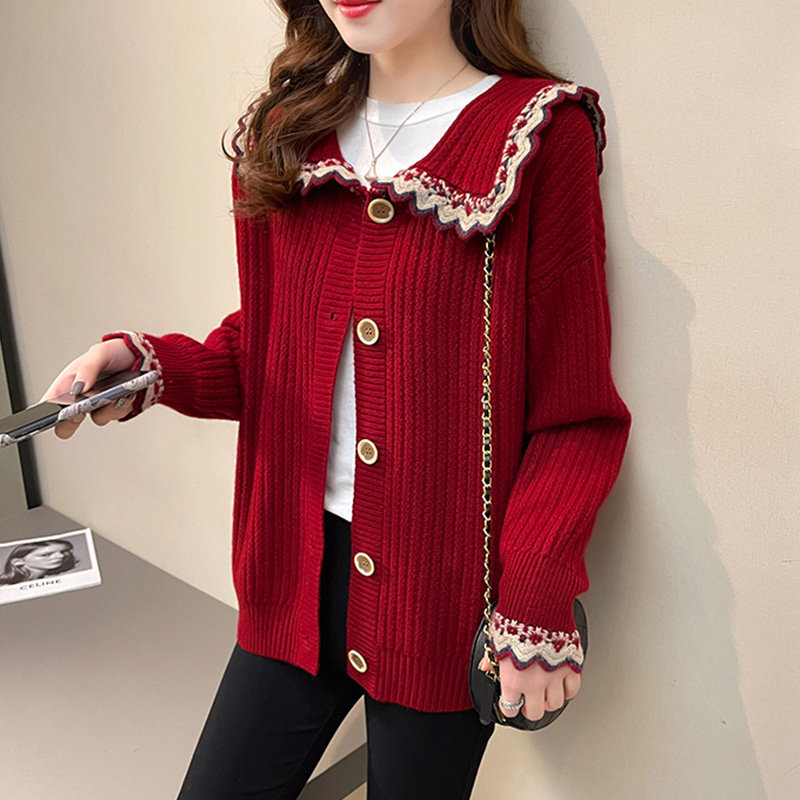 Red Lady Sweater Jacket Early Autumn 2022 New Korean Version Loose Wear Doll Collar Knit Cardiovert Blouse