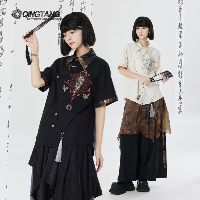 Qingtang Original - Zhenlin Youhui - Embroidered Cotton and Linen Patchwork Gold Shirt Top Irregular Short Sleeve Unisex Shirt Qingtang Original - Zhenlin Youhui - Embroidered Cotton and Linen Patchwork Gold Shirt Top Irregular Short Sleeve Unisex Shirt