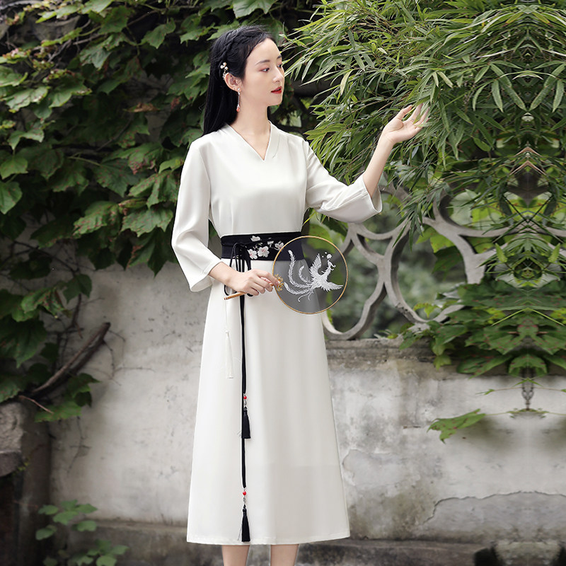 Chinese Wind Women Dress Improved Hanfu Qipao Tea Suit V Collar Small Sub Ancient Wind Foreign Dress Women Fairy Qi Everyday Can Wear