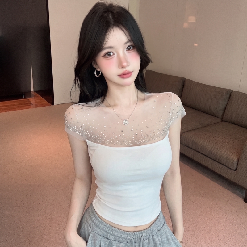 Trendy T-Shirt for Petite Women, Summer 2026 New Style, Mesh Splicing, Full Rhinestone, Round Neck, Slim Fit, Hot Girl Top, Trendy J Trendy T-Shirt for Petite Women, Summer 2026 New Style, Mesh Splicing, Full Rhinestone, Round Neck, Slim Fit, Hot Girl Top, Trendy J
