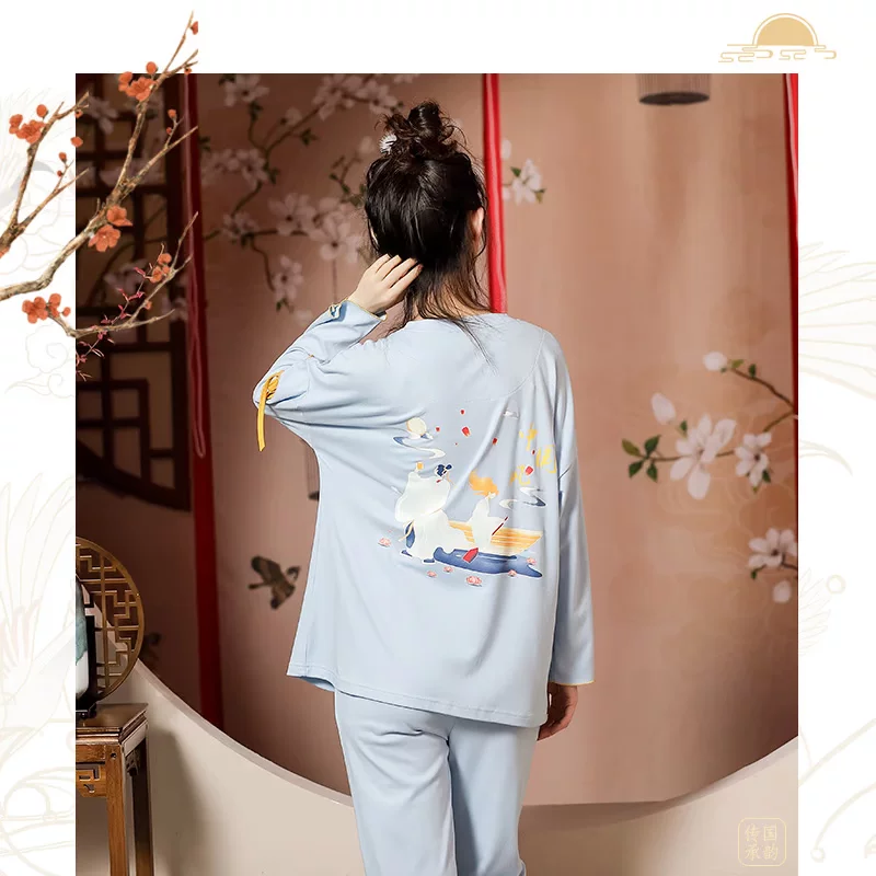 莲帝儿 Autumn demi-season pijama, cotton long-sleeve, set, Chinese style