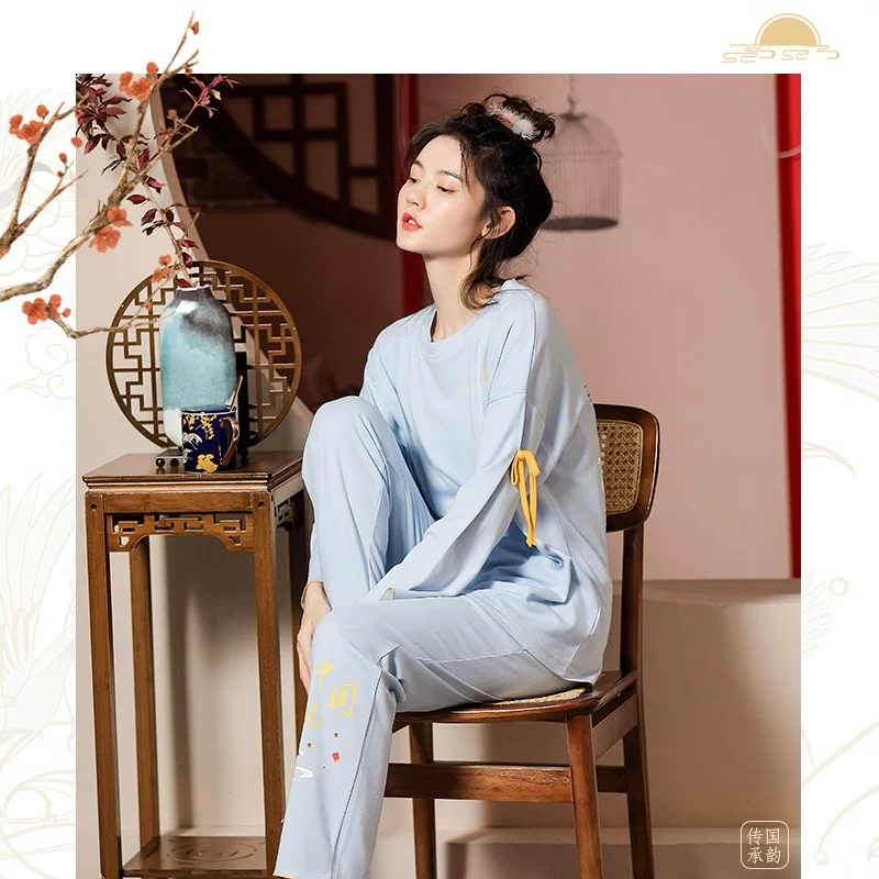莲帝儿 Autumn demi-season pijama, cotton long-sleeve, set, Chinese style