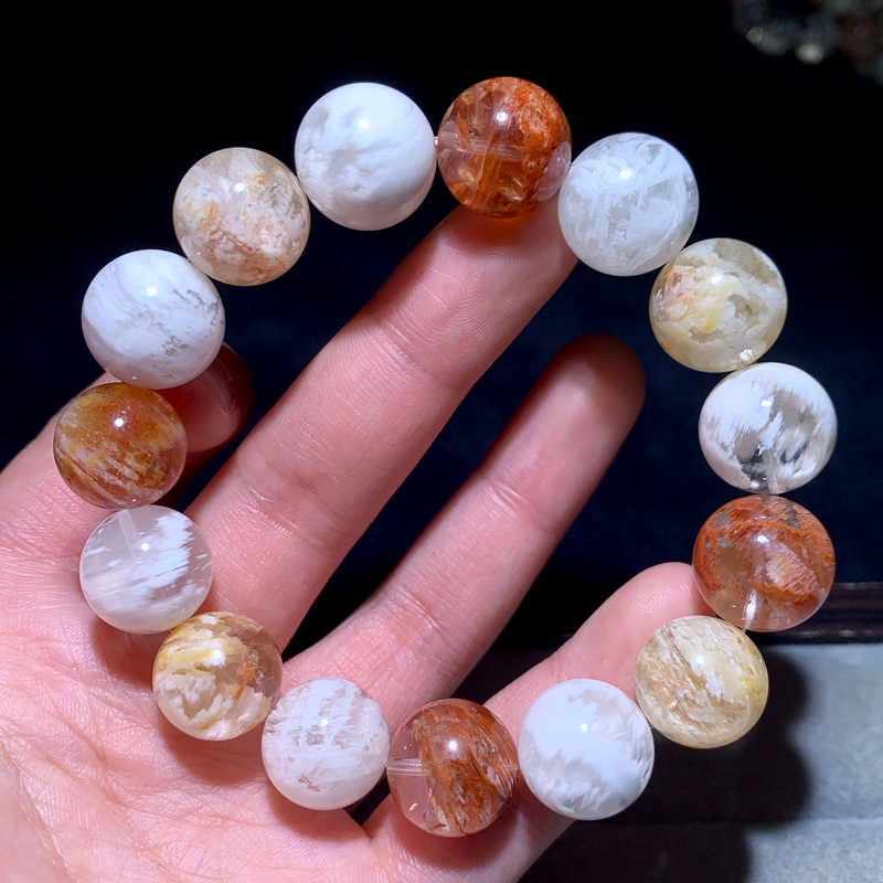 Natural Colored Snowflake Ghost Single-Circle Bracelet, Treasure Bowl Ghost Vision, Orange-Toned Crystal, Sweet Jewelry Gift for Men and Women