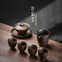 Yan Hutang ceramic kung fu tea set light luxury hand made iron glaze three Cai Bowl set Japanese whole set of tea set