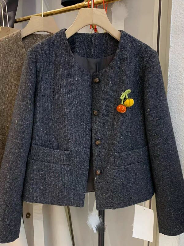 Little Pumpkin Fashionable Retro Round Neck Woolen Jacket