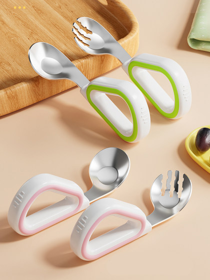 316L宝宝自主进食勺子婴儿学吃饭儿童不锈钢餐具辅食元宝训练勺叉