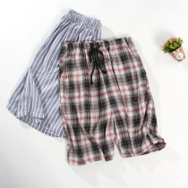 Summer Cotton pajama pants mens home pants cotton five-point pants plaid shorts cotton beach pants thin wear