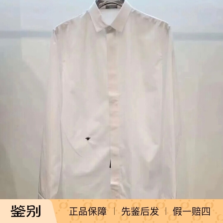In-Stock Dior Men's White Shirt with Black Bee Embroidery and Hidden Button Placket, Long-Sleeve, 433C529B158