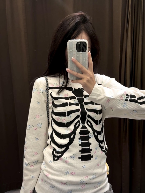 [for Those Who Need It] 26Ss Spring New Floral Bone Print Waffle Long Sleeve Cleanfit Top for Women