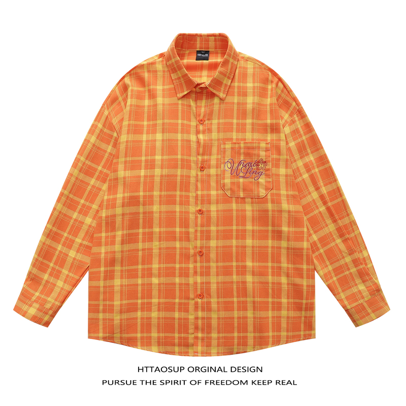 Httaosup American Dopamine Orange Plaid Long-Sleeved Shirt for Men and Women, Loose Casual Lazy Style Versatile Shirt