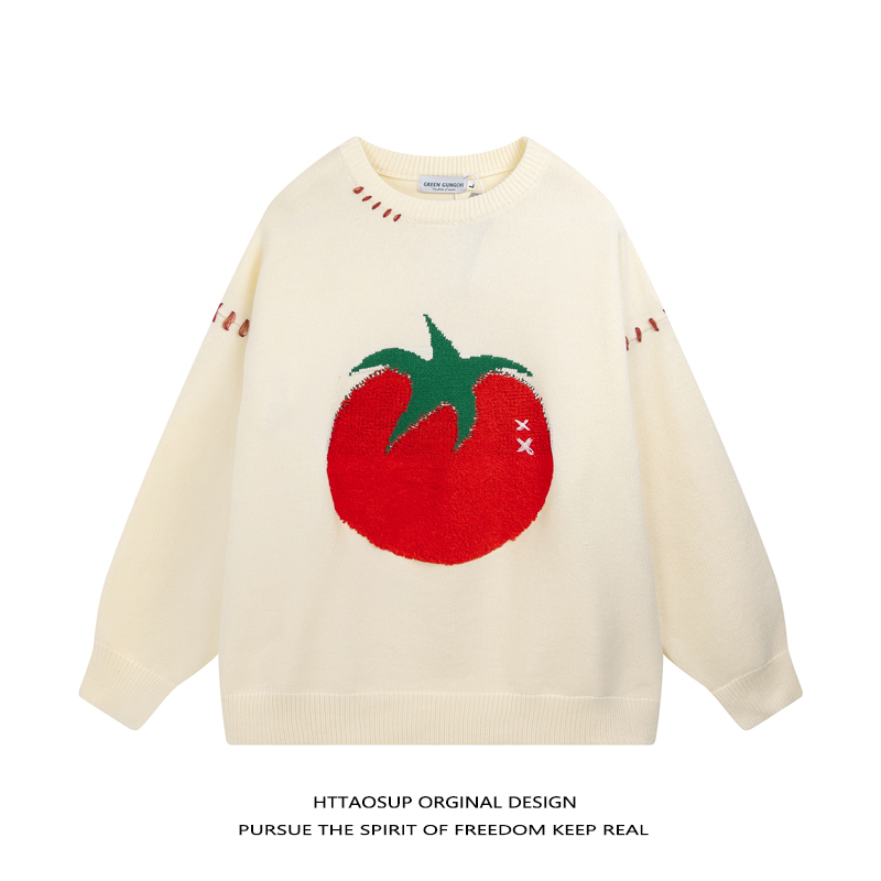 Httaosup Autumn and Winter New Product Tomato Embroidered Knitwear for Men and Women with Avant-Garde Design Round Neck Sweater Trendy