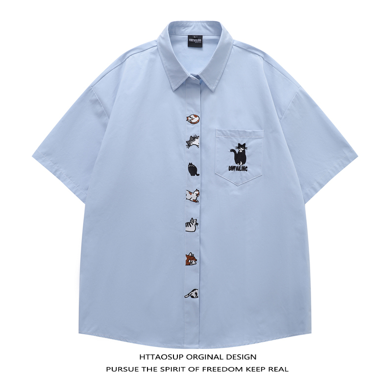 Httaosup Japanese Retro Embroidered Puppy Polo Collar Shirt for Men and Women, Summer College Style Loose and Versatile Shirt Httaosup Japanese Retro Embroidered Puppy Polo Collar Shirt for Men and Women, Summer College Style Loose and Versatile Shirt