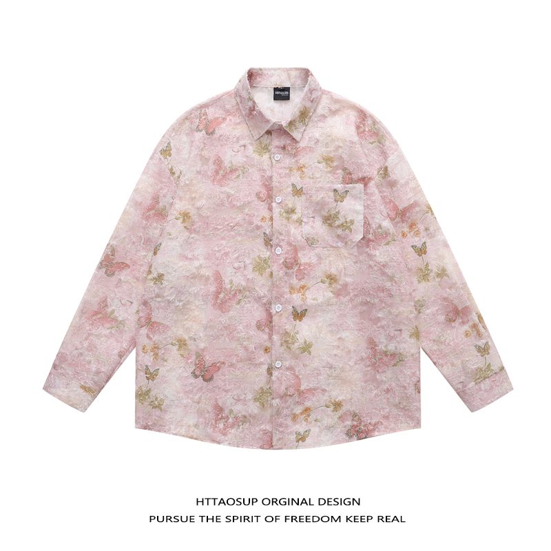 Httaosup Dopamine Pink Butterfly All-Over Print Long-Sleeve Shirt for Men and Women, Stylish Loose Fit, Slimming and Unique Top