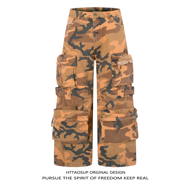 Httaosup American Retro Multi-Pocket Camouflage Workwear Casual Pants for Men and Women 2026 Spring and Autumn Trendy Wide-Leg Pants