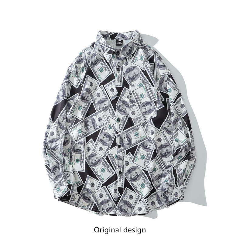 European and American Trendy Brand Dollar Bill All-Over Print Shirt, Unisex Loose Fit Couple Outfit, Lazy Style Hip-Hop Retro Shirt Jacket