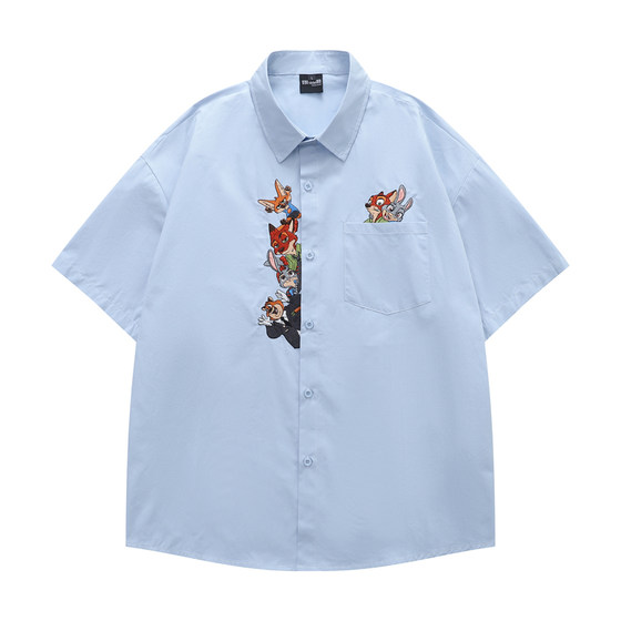 HTTAOSUP夏季新款美式复古学院风创意趣味卡通刺绣休闲短袖衬衫男